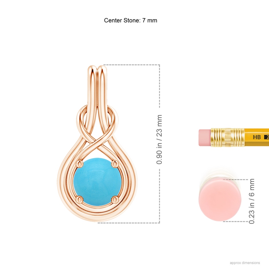 7mm AA Round Turquoise Solitaire Infinity Knot Pendant in Rose Gold ruler
