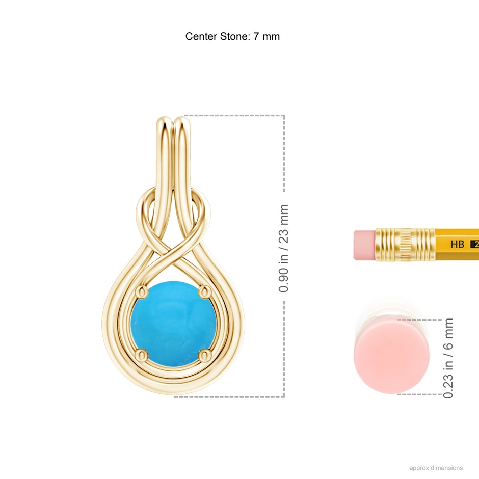 7mm AAAA Round Turquoise Solitaire Infinity Knot Pendant in Yellow Gold ruler