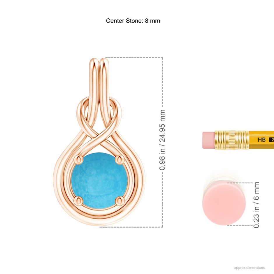 8mm A Round Turquoise Solitaire Infinity Knot Pendant in Rose Gold ruler