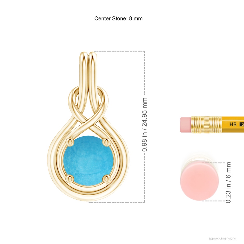 8mm A Round Turquoise Solitaire Infinity Knot Pendant in Yellow Gold ruler