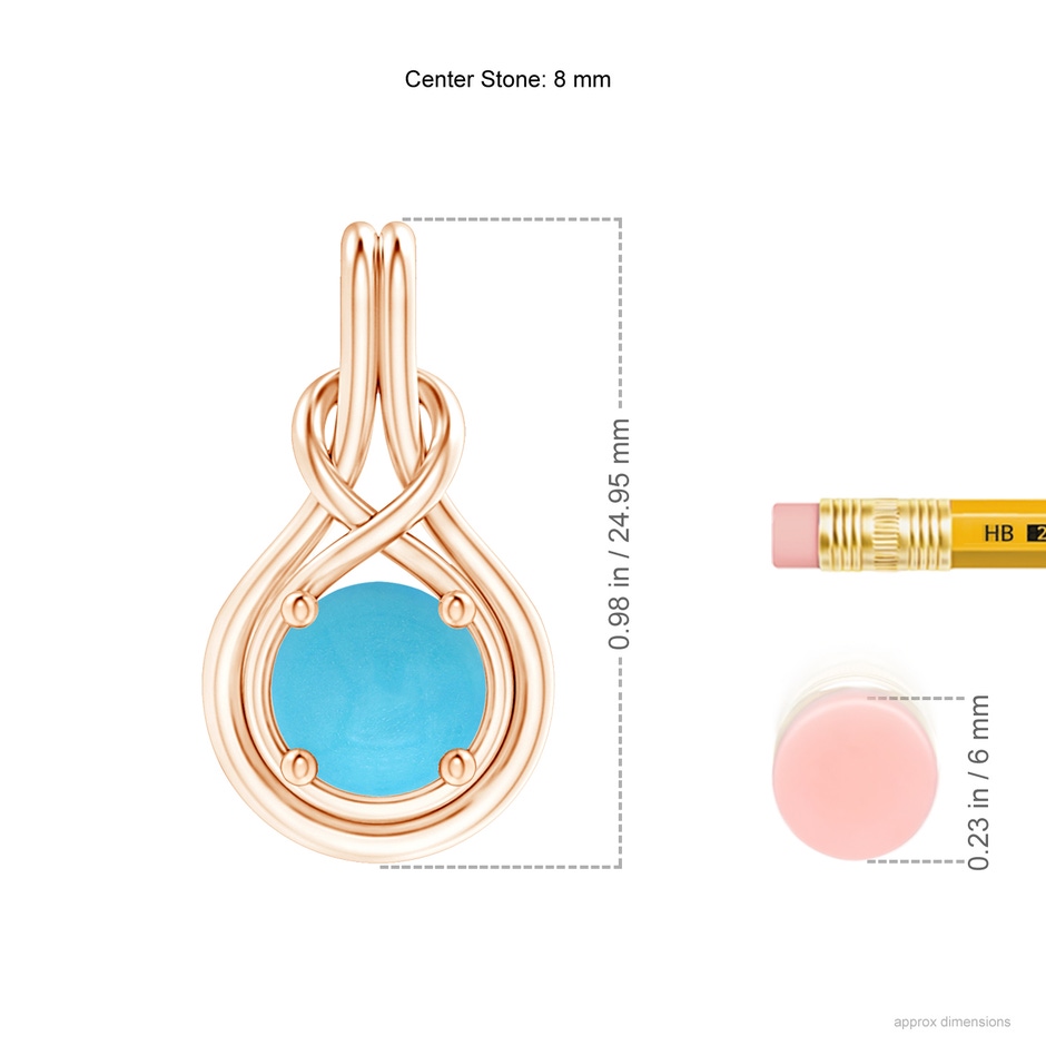 8mm AA Round Turquoise Solitaire Infinity Knot Pendant in Rose Gold ruler