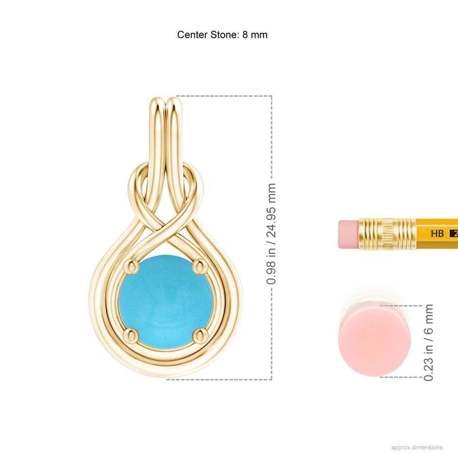 8mm AA Round Turquoise Solitaire Infinity Knot Pendant in Yellow Gold ruler