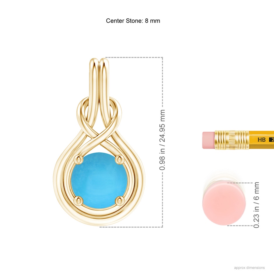 8mm AAA Round Turquoise Solitaire Infinity Knot Pendant in Yellow Gold ruler