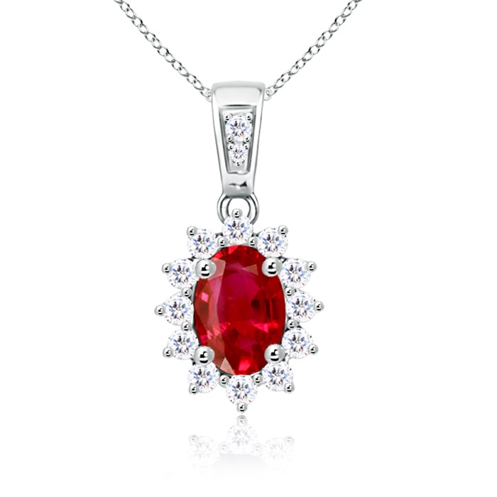 7x5mm AAA Oval Ruby Pendant with Diamond Halo in White Gold