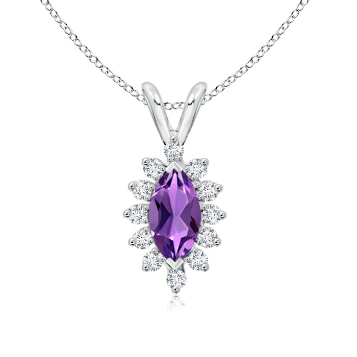 8x4mm AAA Vintage Style Marquise Amethyst Pendant with Diamond Halo in White Gold