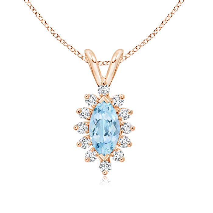8x4mm AAA Vintage Style Marquise Aquamarine Pendant with Diamond Halo in Rose Gold