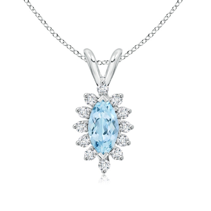 8x4mm AAA Vintage Style Marquise Aquamarine Pendant with Diamond Halo in White Gold