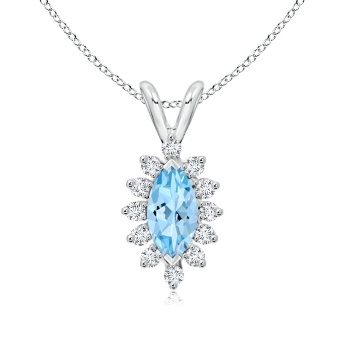 8x4mm AAAA Vintage Style Marquise Aquamarine Pendant with Diamond Halo in White Gold 