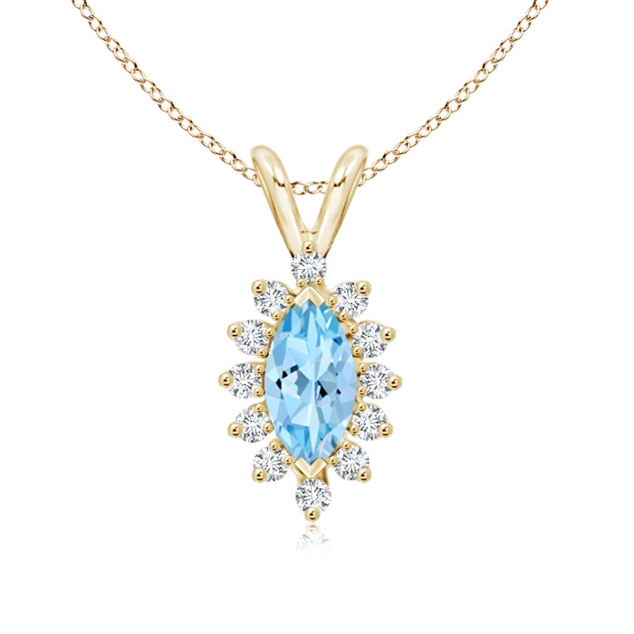 8x4mm AAAA Vintage Style Marquise Aquamarine Pendant with Diamond Halo in Yellow Gold