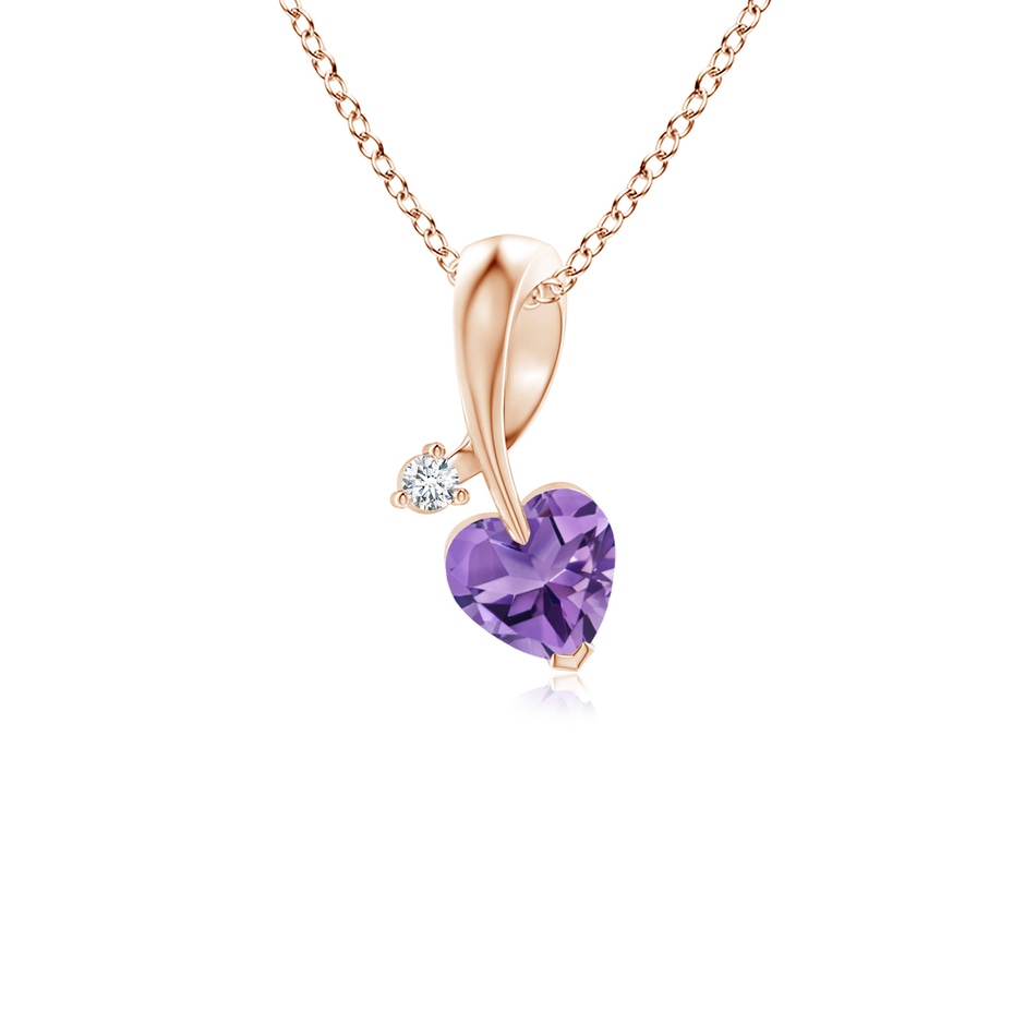 4mm AA Heart-Shaped Amethyst Ribbon Pendant with Diamond in Rose Gold 