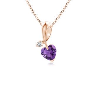 4mm AAA Heart-Shaped Amethyst Ribbon Pendant with Diamond in Rose Gold