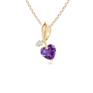 4mm AAA Heart-Shaped Amethyst Ribbon Pendant with Diamond in Yellow Gold