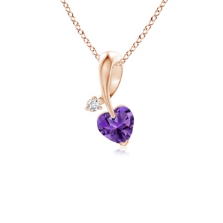 4mm AAAA Heart-Shaped Amethyst Ribbon Pendant with Diamond in Rose Gold