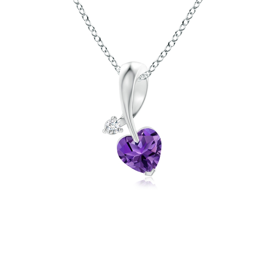 4mm AAAA Heart-Shaped Amethyst Ribbon Pendant with Diamond in White Gold