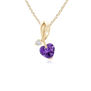 4mm AAAA Heart-Shaped Amethyst Ribbon Pendant with Diamond in Yellow Gold