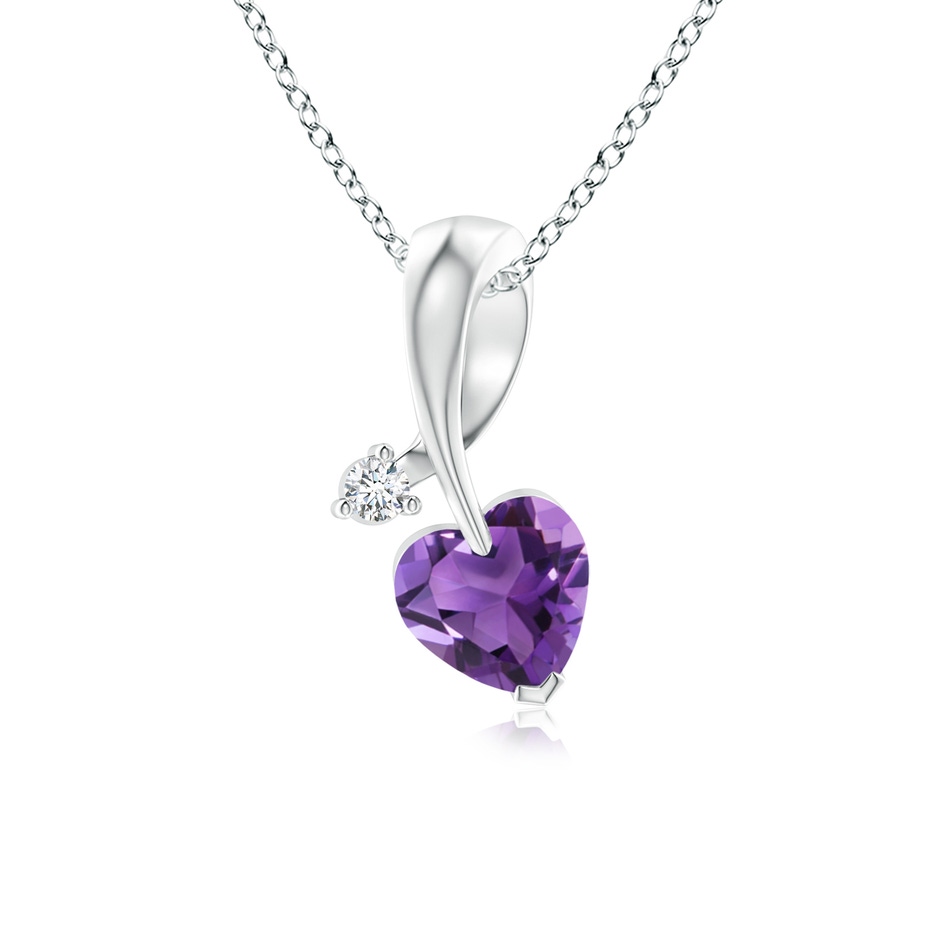 5mm AAA Heart-Shaped Amethyst Ribbon Pendant with Diamond in 18K White Gold 