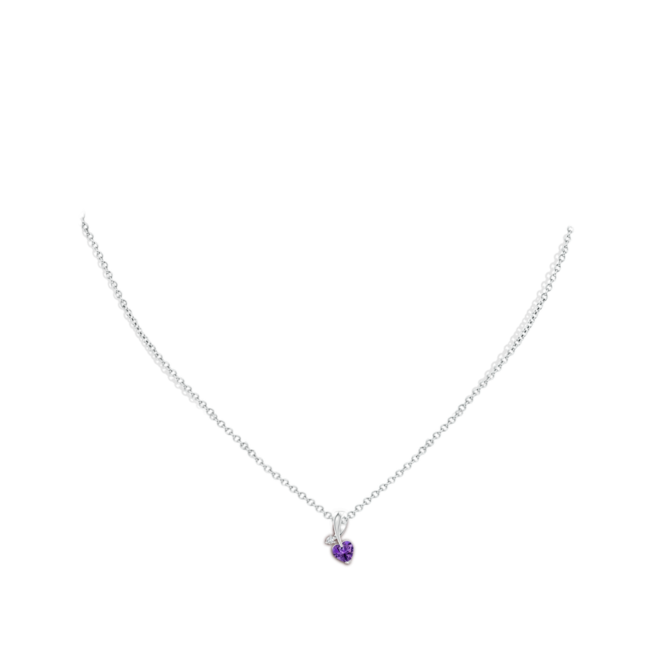 5mm AAAA Heart-Shaped Amethyst Ribbon Pendant with Diamond in 18K White Gold pen