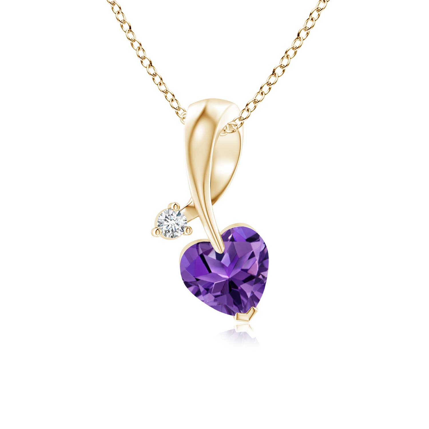 5mm AAAA Heart-Shaped Amethyst Ribbon Pendant with Diamond in 18K Yellow Gold