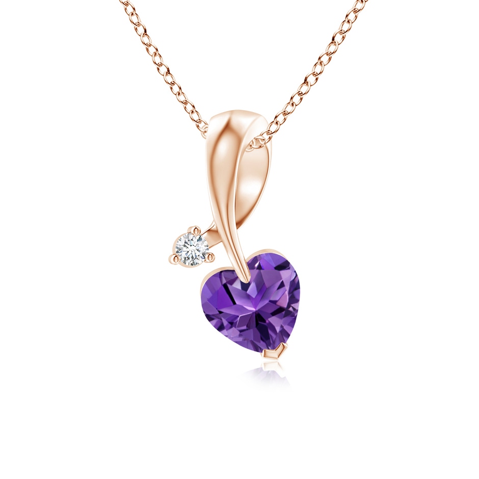 5mm AAAA Heart-Shaped Amethyst Ribbon Pendant with Diamond in Rose Gold 