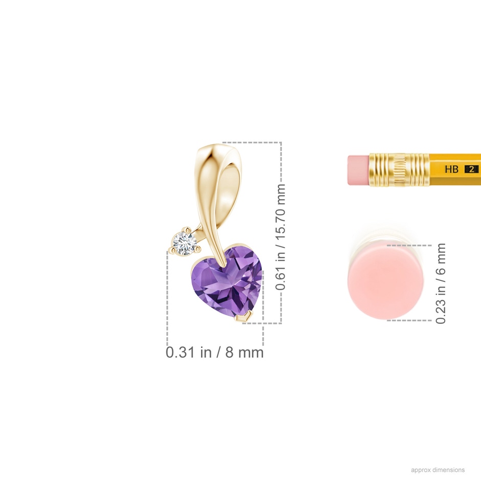 6mm AA Heart-Shaped Amethyst Ribbon Pendant with Diamond in Yellow Gold ruler