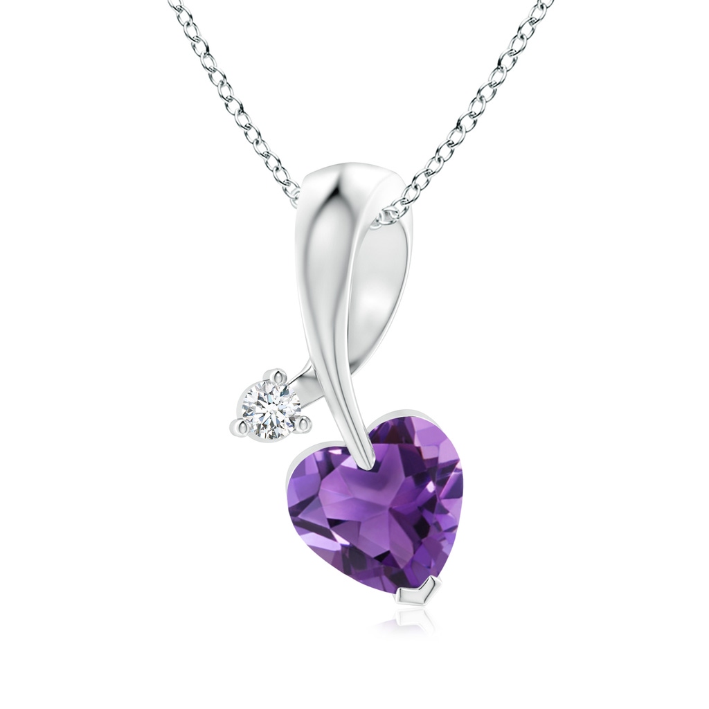 6mm AAA Heart-Shaped Amethyst Ribbon Pendant with Diamond in 10K White Gold