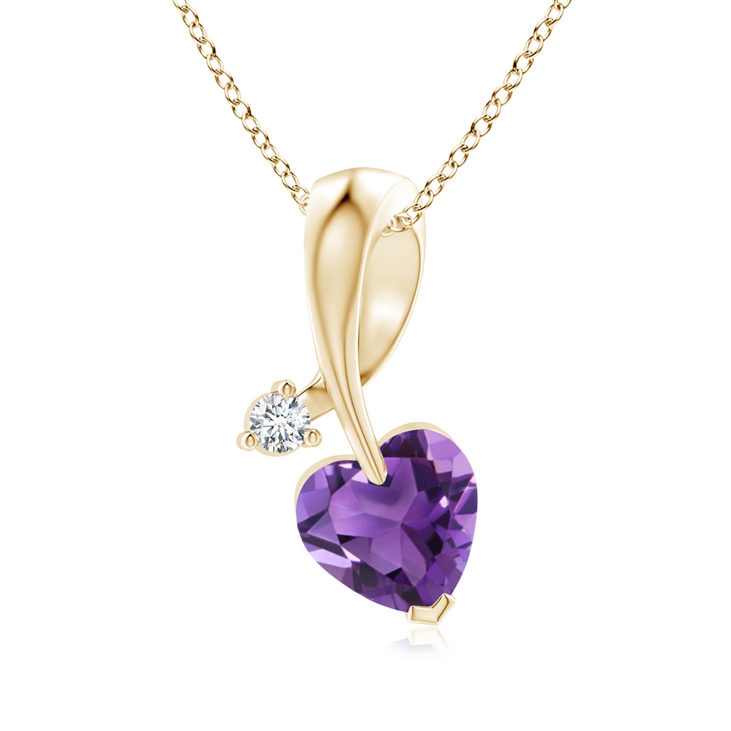 6mm AAA Heart-Shaped Amethyst Ribbon Pendant with Diamond in Yellow Gold