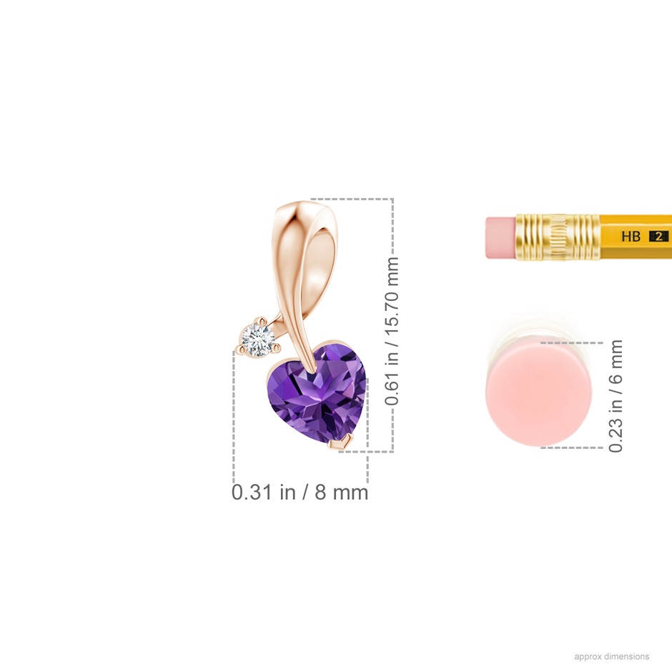 6mm AAAA Heart-Shaped Amethyst Ribbon Pendant with Diamond in 18K Rose Gold ruler