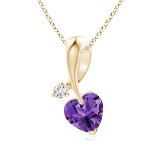 6mm AAAA Heart-Shaped Amethyst Ribbon Pendant with Diamond in Yellow Gold