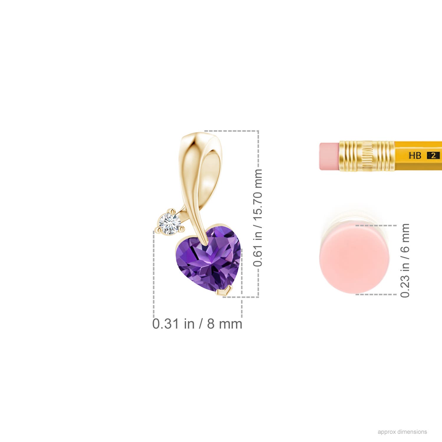 6mm AAAA Heart-Shaped Amethyst Ribbon Pendant with Diamond in Yellow Gold - ruler