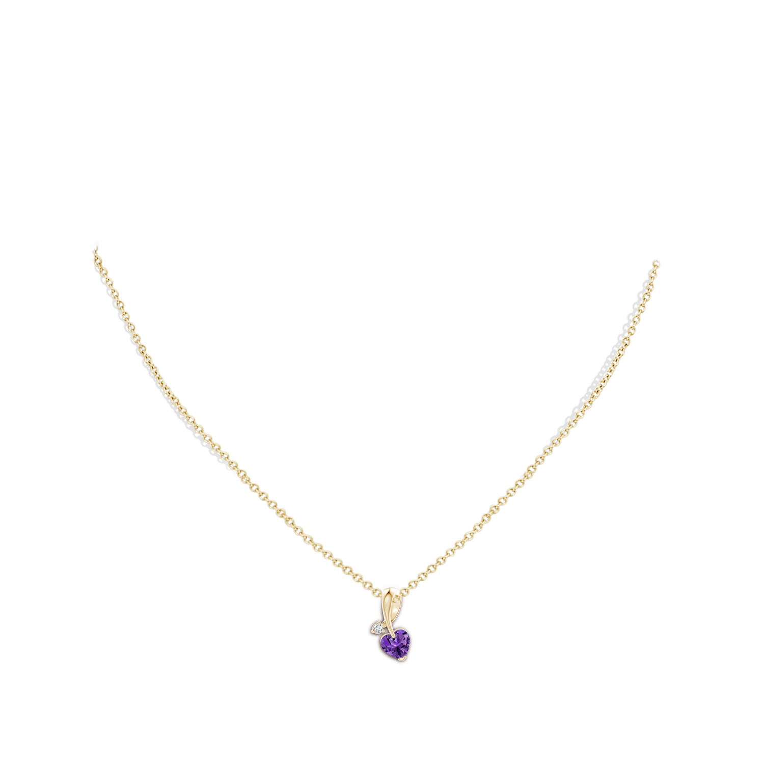 6mm AAAA Heart-Shaped Amethyst Ribbon Pendant with Diamond in Yellow Gold - body_neck
