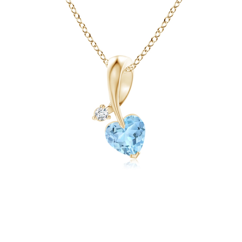 4mm AAA Heart-Shaped Aquamarine Ribbon Pendant with Diamond in Yellow Gold 