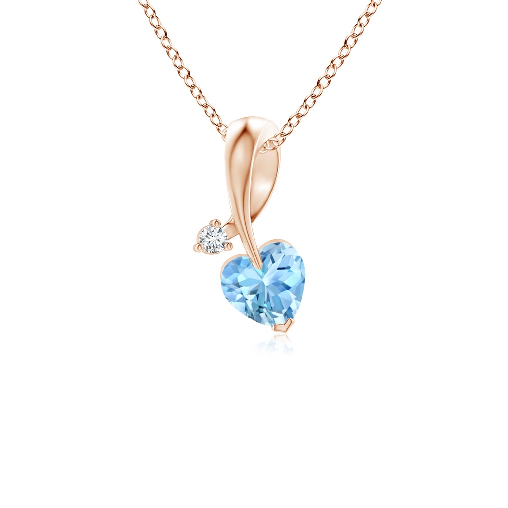 4mm AAAA Heart-Shaped Aquamarine Ribbon Pendant with Diamond in Rose Gold