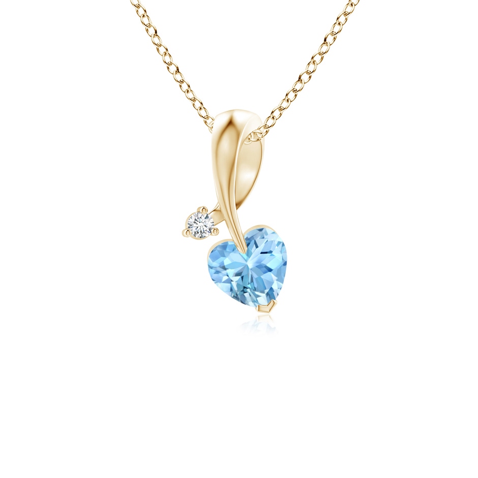 4mm AAAA Heart-Shaped Aquamarine Ribbon Pendant with Diamond in Yellow Gold 