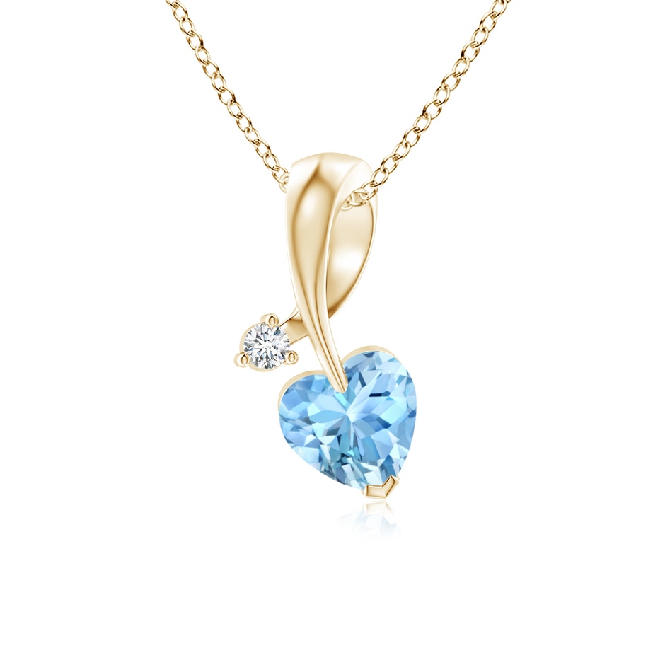 5mm AAAA Heart-Shaped Aquamarine Ribbon Pendant with Diamond in Yellow Gold 