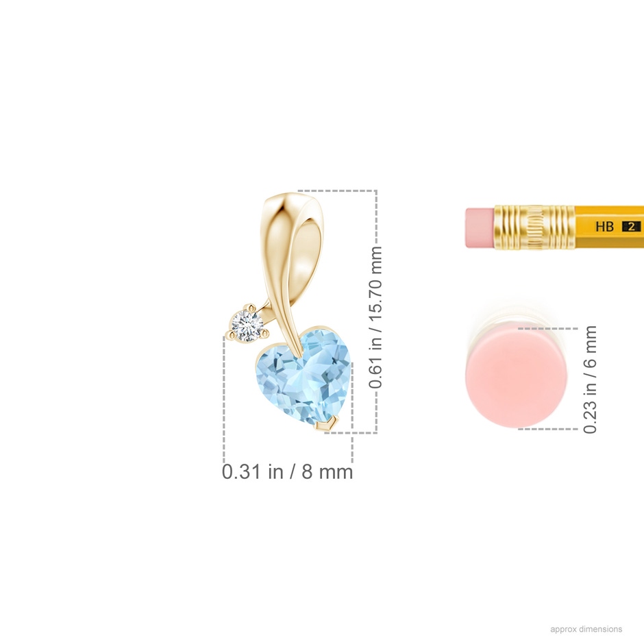 6mm AAA Heart-Shaped Aquamarine Ribbon Pendant with Diamond in 18K Yellow Gold ruler