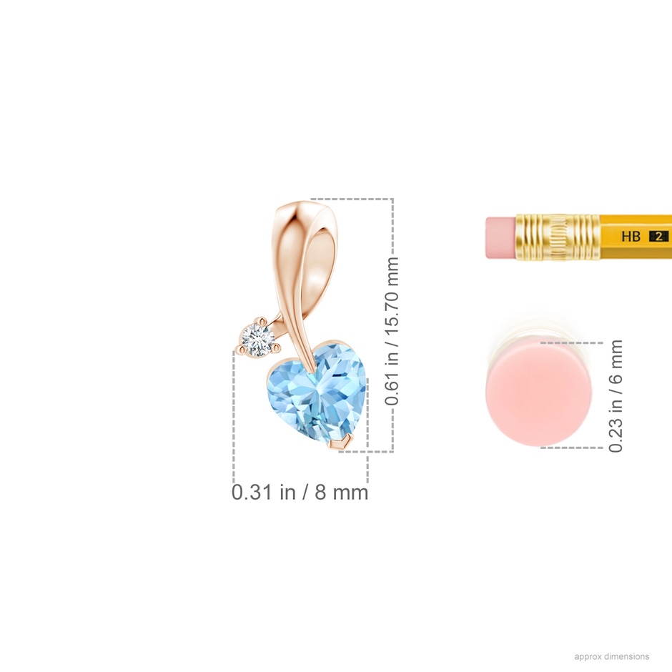 6mm AAAA Heart-Shaped Aquamarine Ribbon Pendant with Diamond in 18K Rose Gold ruler