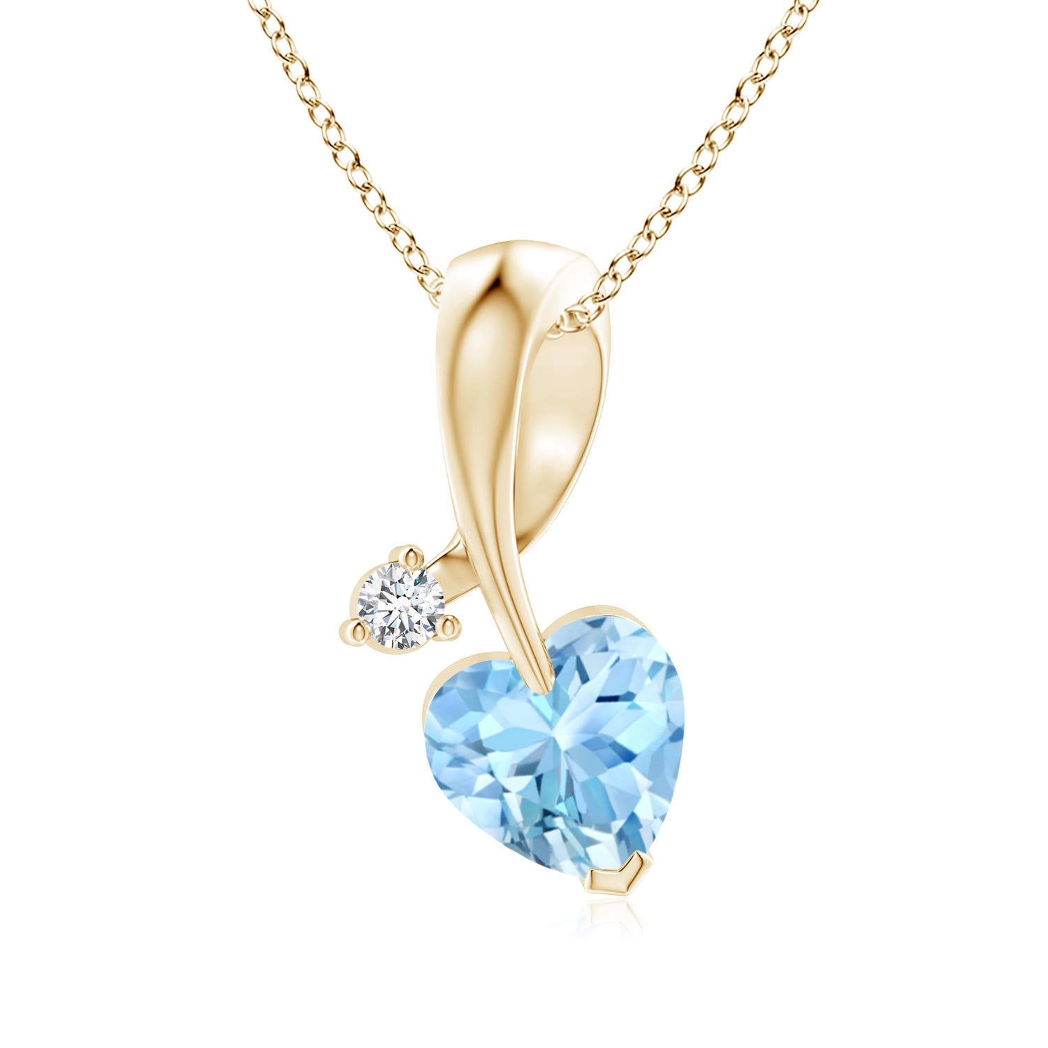 6mm AAAA Heart-Shaped Aquamarine Ribbon Pendant with Diamond in 18K Yellow Gold