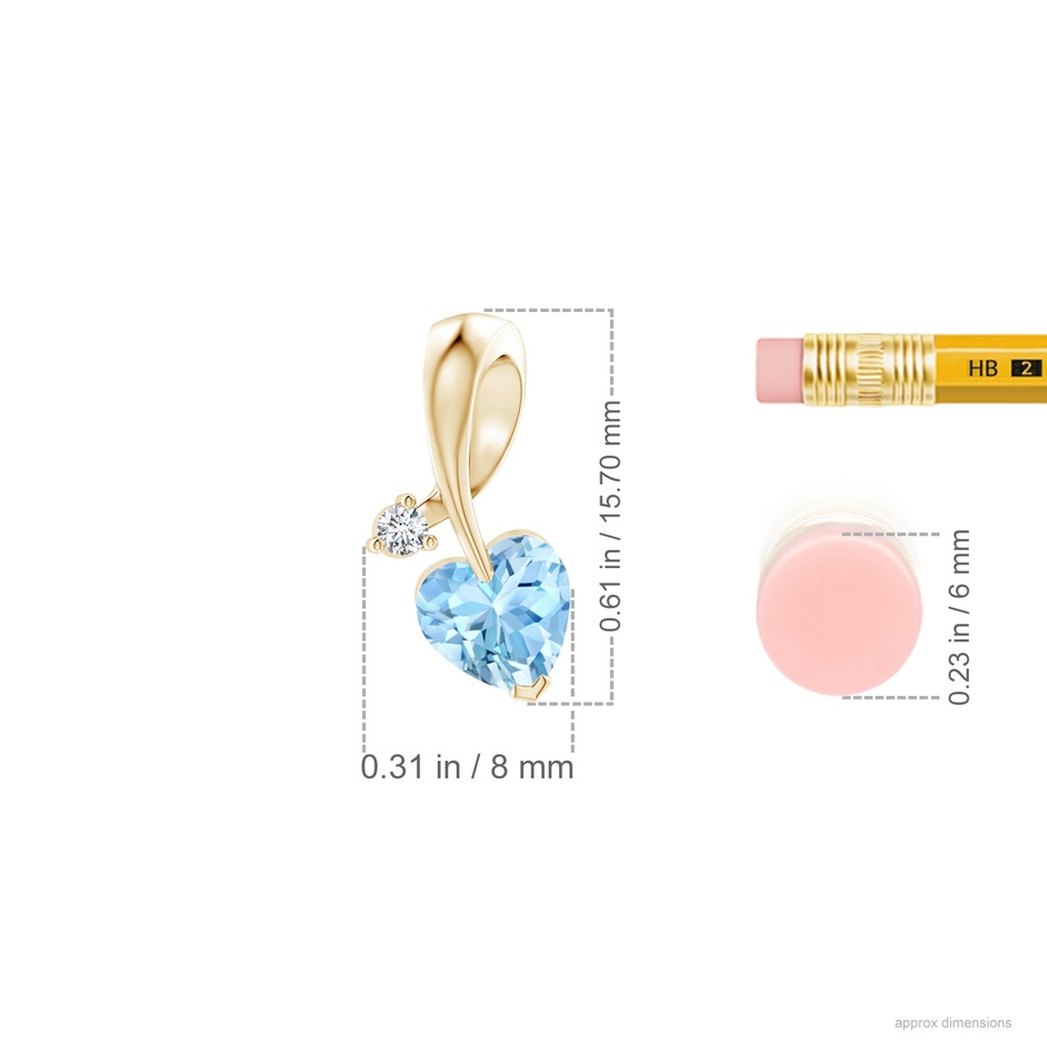 6mm AAAA Heart-Shaped Aquamarine Ribbon Pendant with Diamond in Yellow Gold ruler