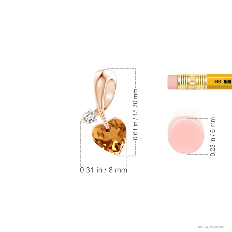 6mm AA Heart-Shaped Citrine Ribbon Pendant with Diamond in Rose Gold ruler