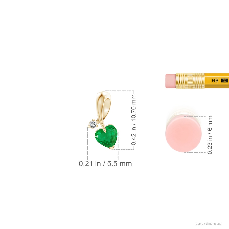 4mm AA Heart-Shaped Emerald Ribbon Pendant with Diamond in Yellow Gold ruler