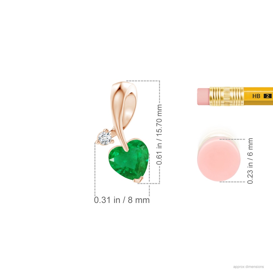 6mm AA Heart-Shaped Emerald Ribbon Pendant with Diamond in Rose Gold ruler