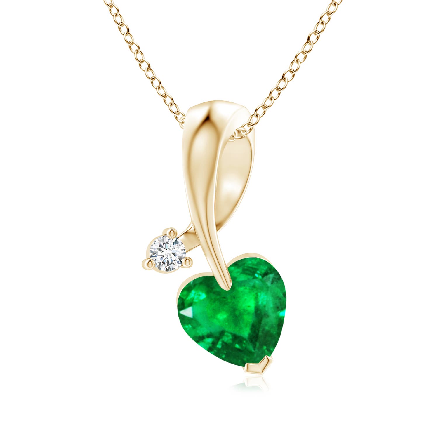 6mm AAA Heart-Shaped Emerald Ribbon Pendant with Diamond in 18K Yellow Gold