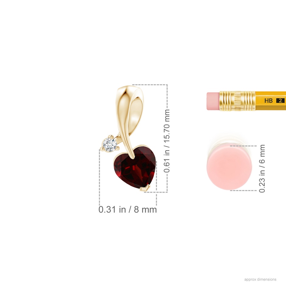 6mm AA Heart-Shaped Garnet Ribbon Pendant with Diamond in Yellow Gold ruler