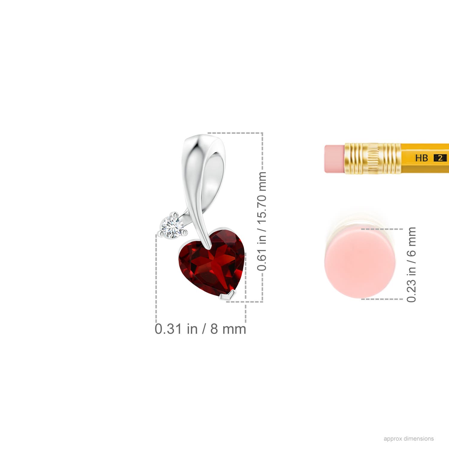 6mm AAAA Heart-Shaped Garnet Ribbon Pendant with Diamond in White Gold - ruler