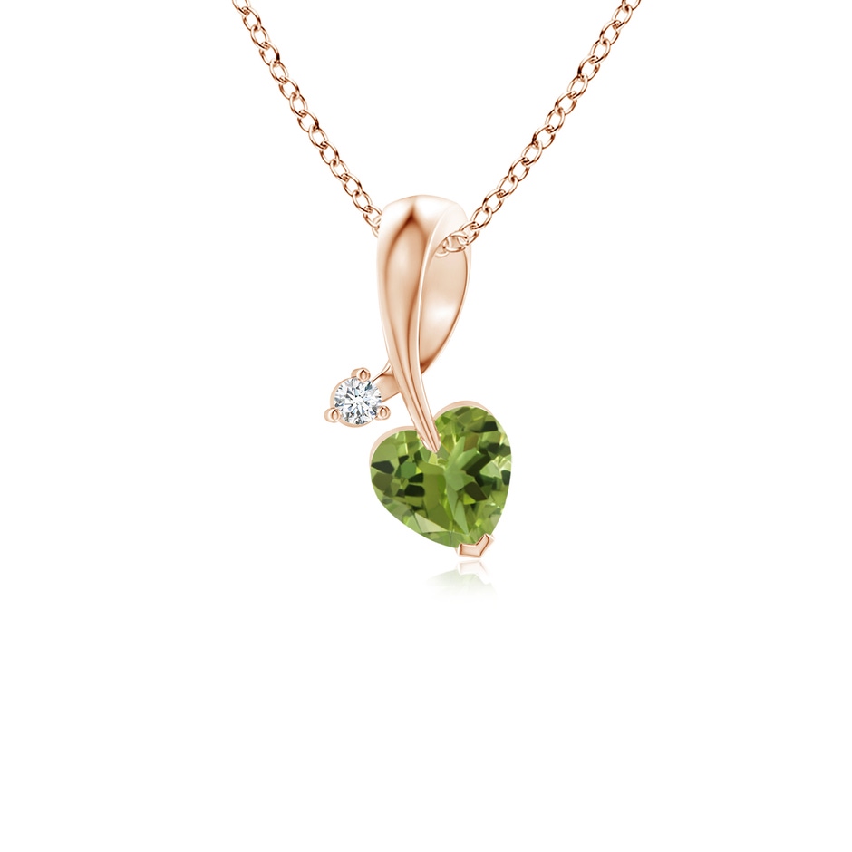 4mm AA Heart-Shaped Peridot Ribbon Pendant with Diamond in Rose Gold 