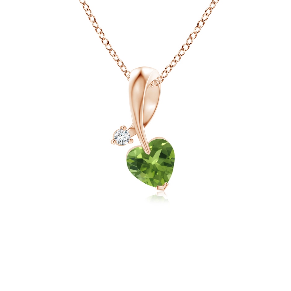 4mm AAA Heart-Shaped Peridot Ribbon Pendant with Diamond in Rose Gold 