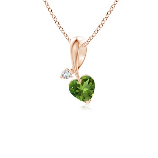 4mm AAAA Heart-Shaped Peridot Ribbon Pendant with Diamond in 9K Rose Gold