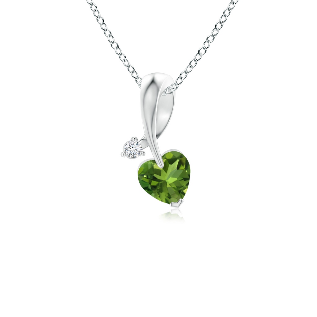 4mm AAAA Heart-Shaped Peridot Ribbon Pendant with Diamond in White Gold