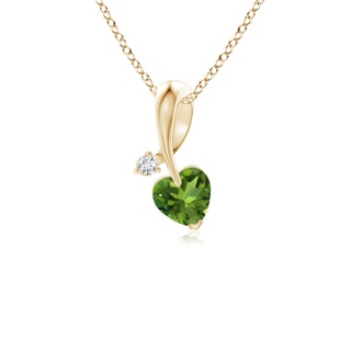 4mm AAAA Heart-Shaped Peridot Ribbon Pendant with Diamond in Yellow Gold