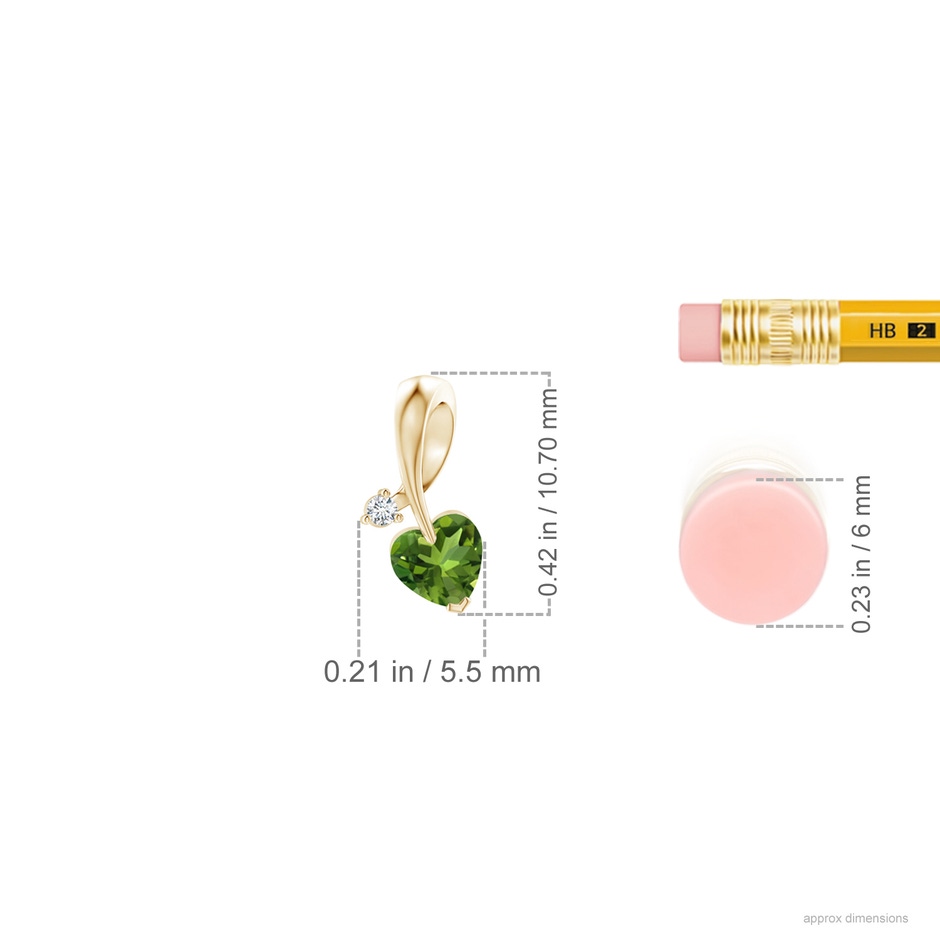 4mm AAAA Heart-Shaped Peridot Ribbon Pendant with Diamond in Yellow Gold ruler